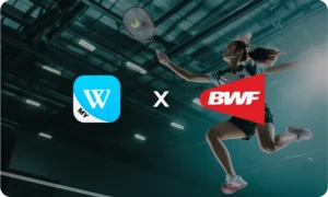 Winbox Malaysia partnership with Badminton World Federation featuring athlete in action and official collaboration logo