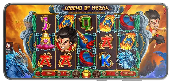 Winbox Lucky365 Legend of Nezha slot game featuring Nezha and dragon symbols on fiery reels