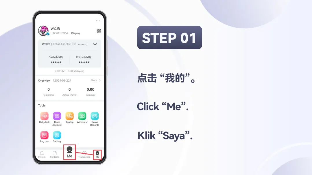 Winbox USDT Top Up Tutorial Step 1 – Click Me tab on Winbox app