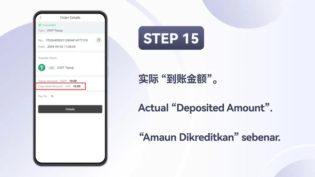 Winbox USDT Top Up Tutorial Step 15 – View deposited amount confirmation