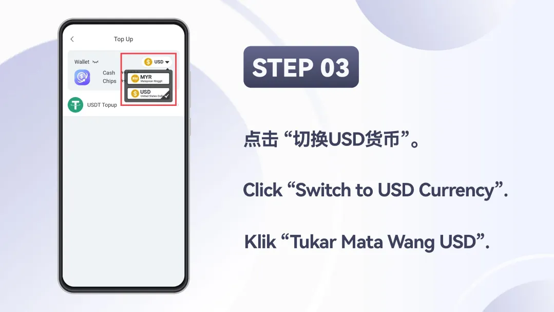 Winbox USDT Top Up Tutorial Step 3 – Switch to USD currency