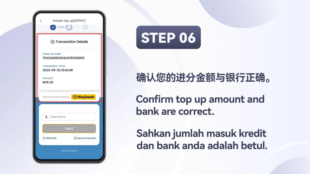 Winbox EZPAY Top Up Tutorial Step 6 – Confirm amount and bank details