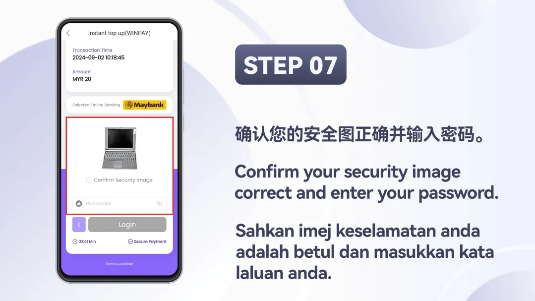 Winbox Winpay Top-Up Tutorial Step 7 – Confirm security image and password