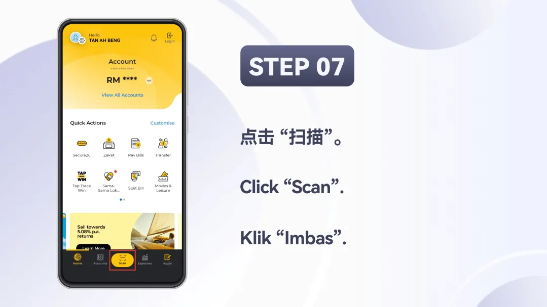 Winbox TNG & DuitNow Top Up Tutorial Step 7 – Tap Scan in bank app