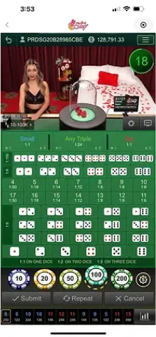 Winbox AE Sexy Sic Bo live dealer hosting a luxurious dice session on a red-themed stage.