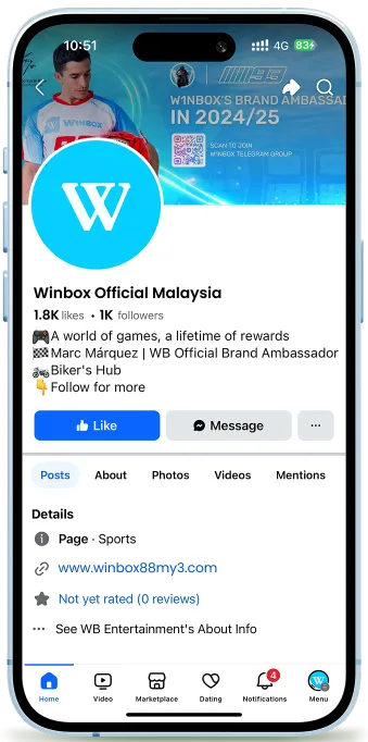 Official Winbox Customer Service Facebook page providing verified updates and support.