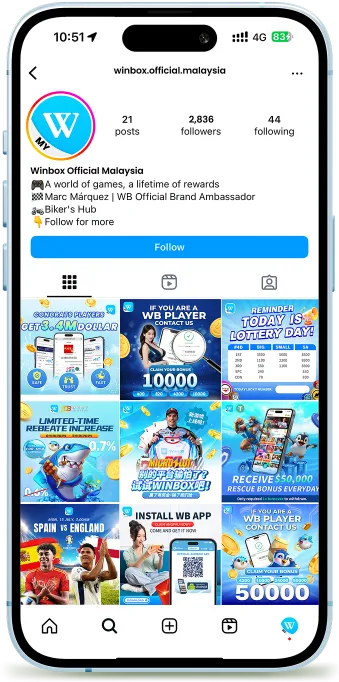 Winbox Customer Service official Instagram page featuring brand ambassador and support highlights.