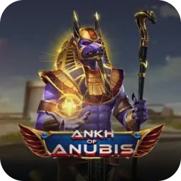 Winbox Mega88 Ankh of Anubis game icon – Egyptian god of power holding golden staff and glowing orb